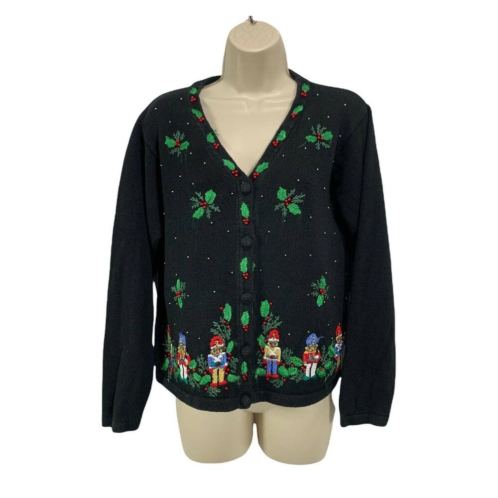 Ugly Sweater Holiday Cardigan Small Womens Black Embroidered -Vintage BP Design